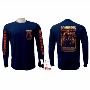 Sudadera tipo franela manga larga táctica de bomberos VictFire en azul marino con diseño de casco y fuego, mostrando escudo en el pecho, rotulación en mangas y gráfico de bomberos en la espalda.