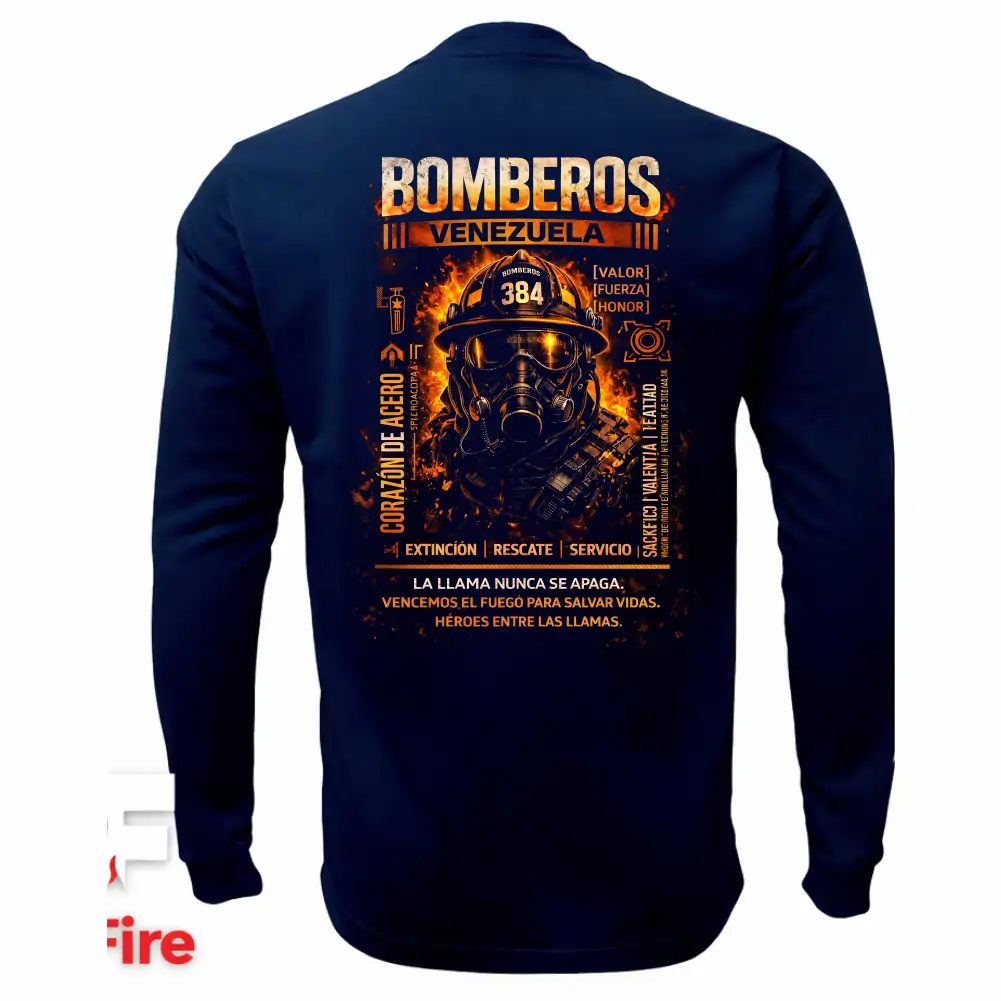 Espalda de sudadera táctica de bomberos VictFire con gran gráfico de casco con máscara de gas entre llamas, lemas de valor y la leyenda Bomberos Venezuela.