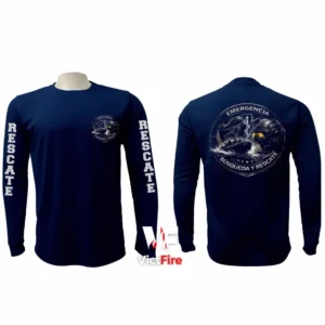 Sudadera tipo buso táctico manga larga de Búsqueda y Rescate VictFire en azul marino, vista frontal con emblema en pecho y rotulación en mangas, y vista trasera con gráfico circular SAR.