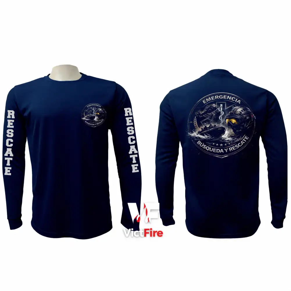 Sudadera tipo buso táctico manga larga de Búsqueda y Rescate VictFire en azul marino, vista frontal con emblema en pecho y rotulación en mangas, y vista trasera con gráfico circular SAR.