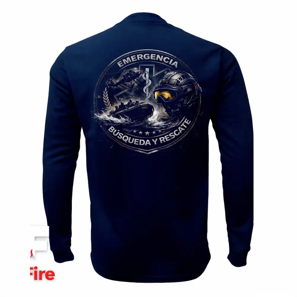 Espalda de sudadera táctica de Búsqueda y Rescate VictFire con escudo circular detallado de la Estrella de la Vida, helicóptero, embarcación y la leyenda Emergencia Búsqueda y Rescate.
