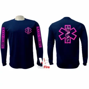 Sudadera tipo franela manga larga táctica para paramédicos VictFire en azul marino con detalles en fucsia, mostrando la Estrella de la Vida en el pecho y espalda, y rotulación en mangas.