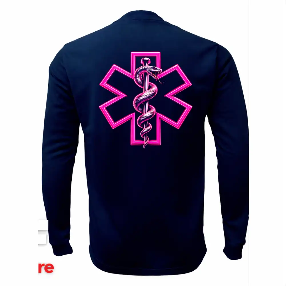 Espalda de sudadera táctica de paramédicos VictFire con gran emblema de la Estrella de la Vida en color fucsia brillante.