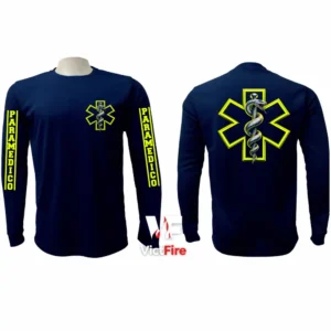 Sudadera tipo franela manga larga táctica para paramédicos VictFire en azul marino con detalles en amarillo, mostrando la Estrella de la Vida en el pecho y espalda, y rotulación en mangas.