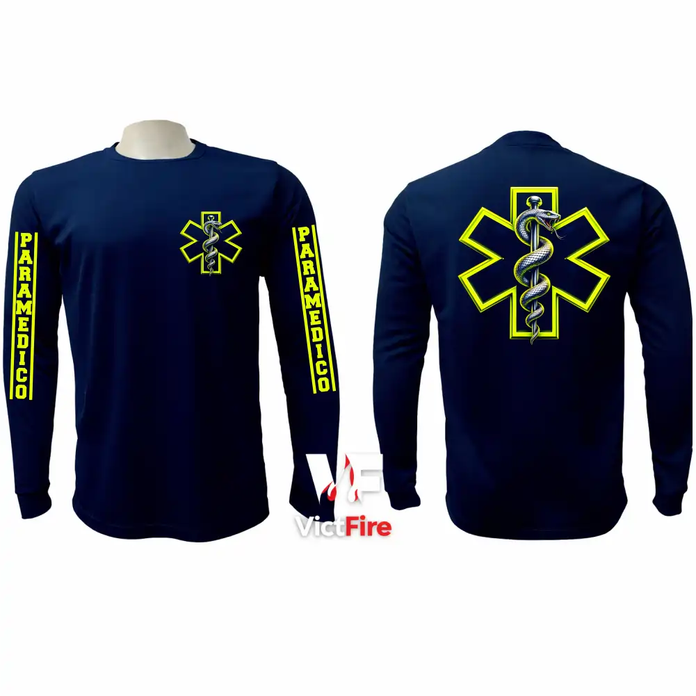 Sudadera tipo franela manga larga táctica para paramédicos VictFire en azul marino con detalles en amarillo, mostrando la Estrella de la Vida en el pecho y espalda, y rotulación en mangas.