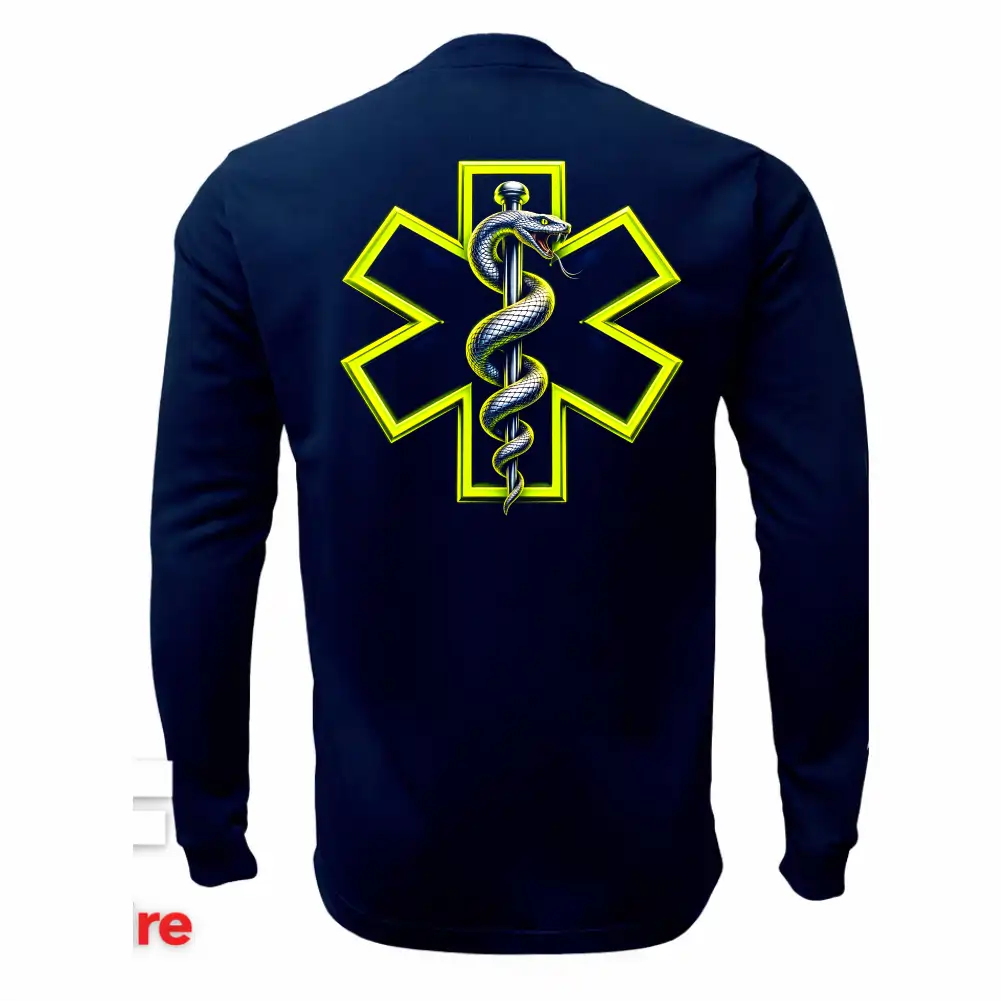 Espalda de sudadera táctica de paramédicos VictFire con gran emblema de la Estrella de la Vida en color amarillo brillante.
