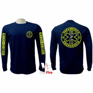 Sudadera tipo franela manga larga táctica para paramédicos VictFire en azul marino con detalles amarillos, mostrando escudo circular de emergencia en el pecho y espalda, y rotulación en mangas.