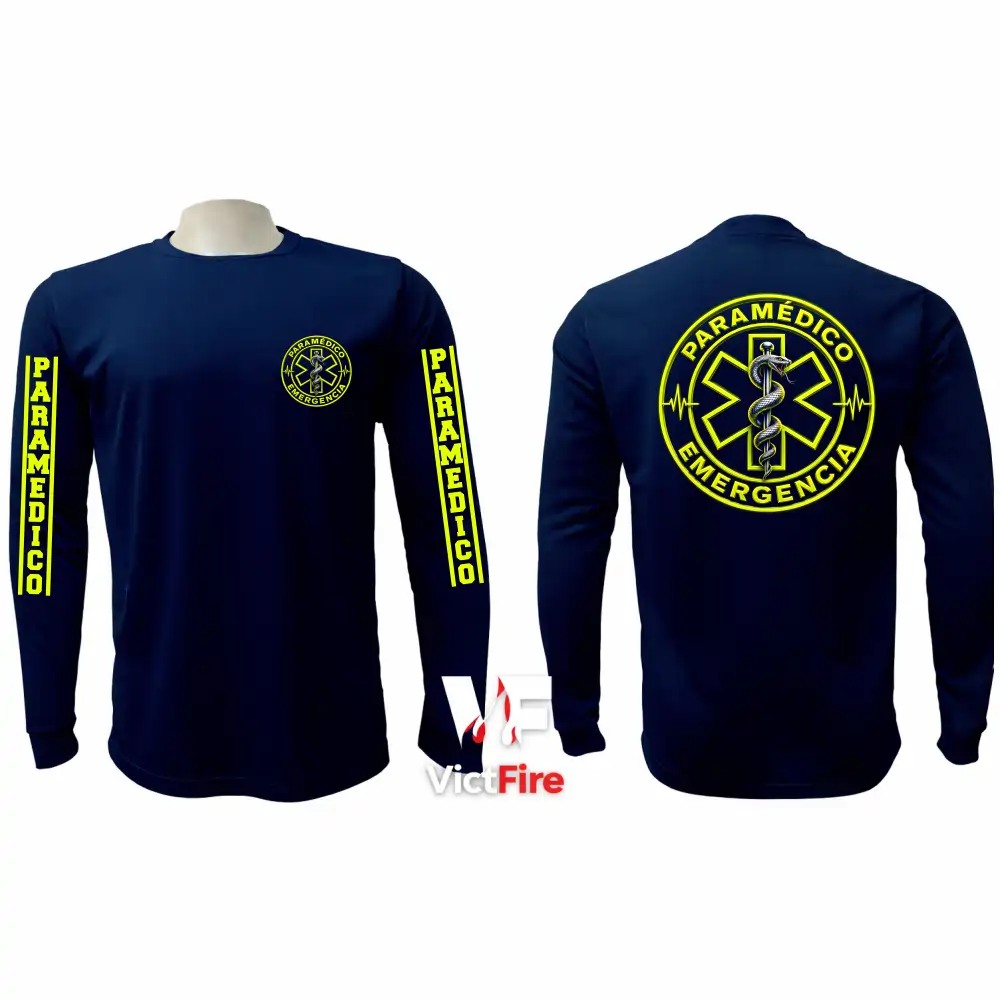 Sudadera tipo franela manga larga táctica para paramédicos VictFire en azul marino con detalles amarillos, mostrando escudo circular de emergencia en el pecho y espalda, y rotulación en mangas.