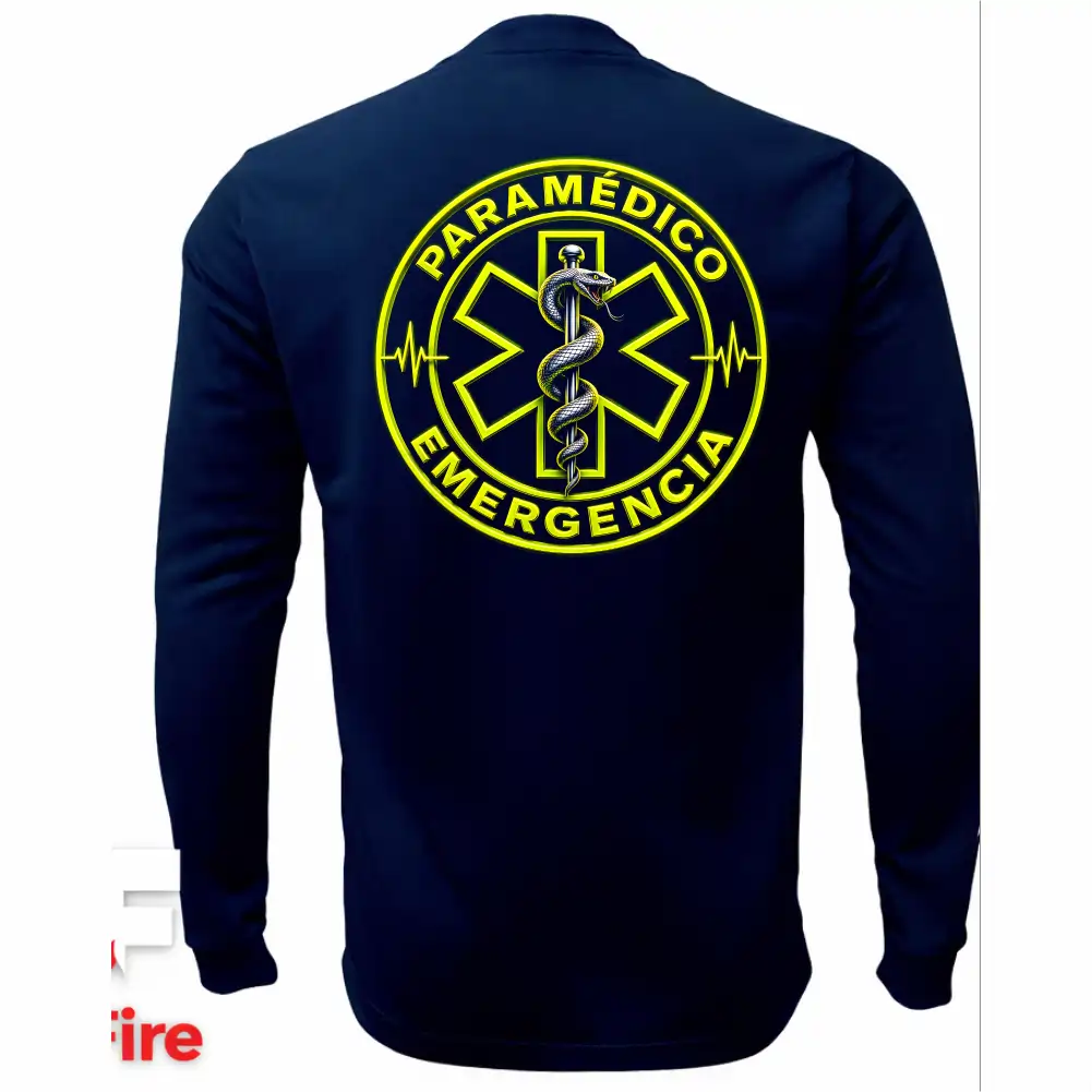 Espalda de sudadera táctica de paramédicos VictFire con gran escudo circular institucional de la Estrella de la Vida y la leyenda Paramédico Emergencia.