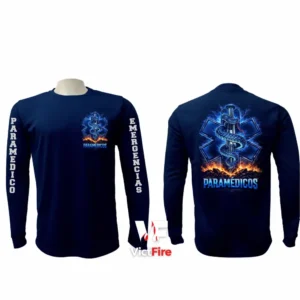 Sudadera tipo franela manga larga táctica para paramédicos VictFire en azul marino con diseño eléctrico de la Estrella de la Vida y fuego, mostrando escudo en pecho y espalda, y rotulación en mangas.