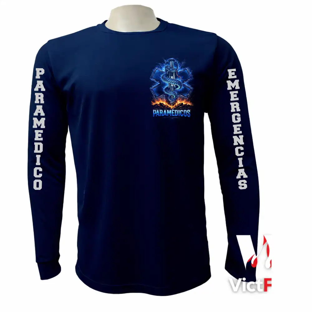 Frente de franela manga larga táctica azul marino para paramédicos con emblema de la Estrella de la Vida eléctrica en el pecho y textos PARAMEDICO y EMERGENCIAS en las mangas.