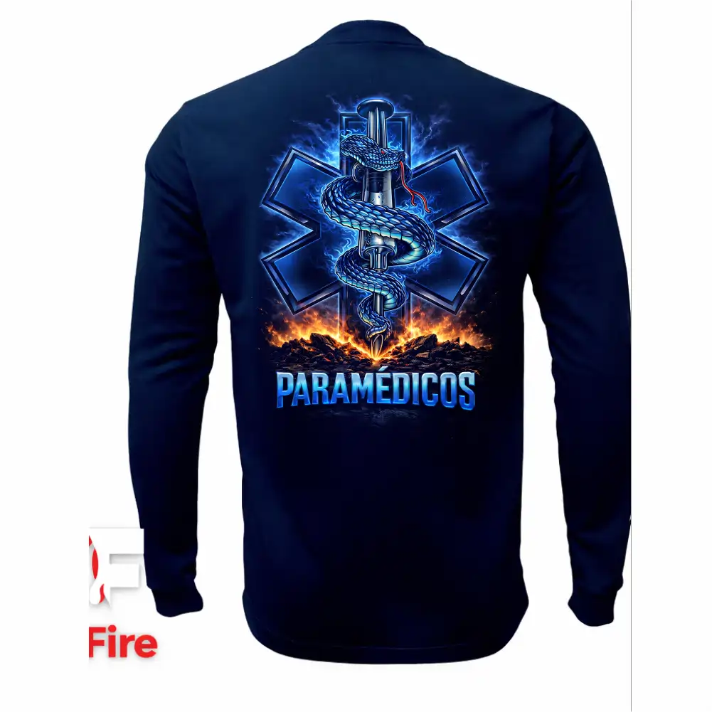 Espalda de sudadera táctica de paramédicos VictFire con gran gráfico de la Estrella de la Vida en tonos azules eléctricos sobre fuego y la leyenda PARAMÉDICOS.