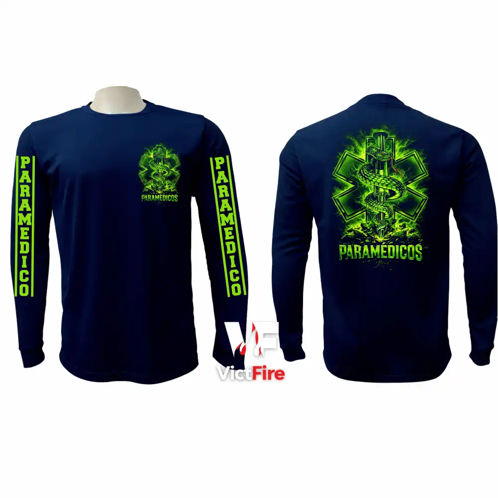Espalda de sudadera táctica de paramédicos VictFire con gran gráfico de la Estrella de la Vida en tonos verde neón brillante y la leyenda PARAMÉDICOS.