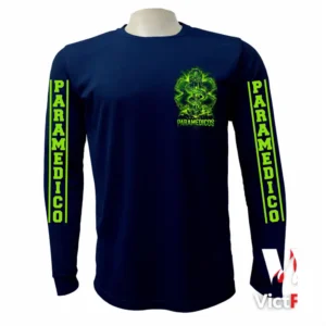 Frente de franela manga larga táctica azul marino para paramédicos con emblema verde neón de la Estrella de la Vida en el pecho y texto PARAMEDICO en ambas mangas.