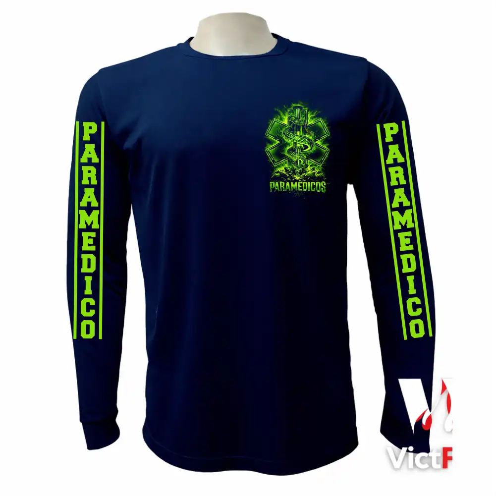 Frente de franela manga larga táctica azul marino para paramédicos con emblema verde neón de la Estrella de la Vida en el pecho y texto PARAMEDICO en ambas mangas.