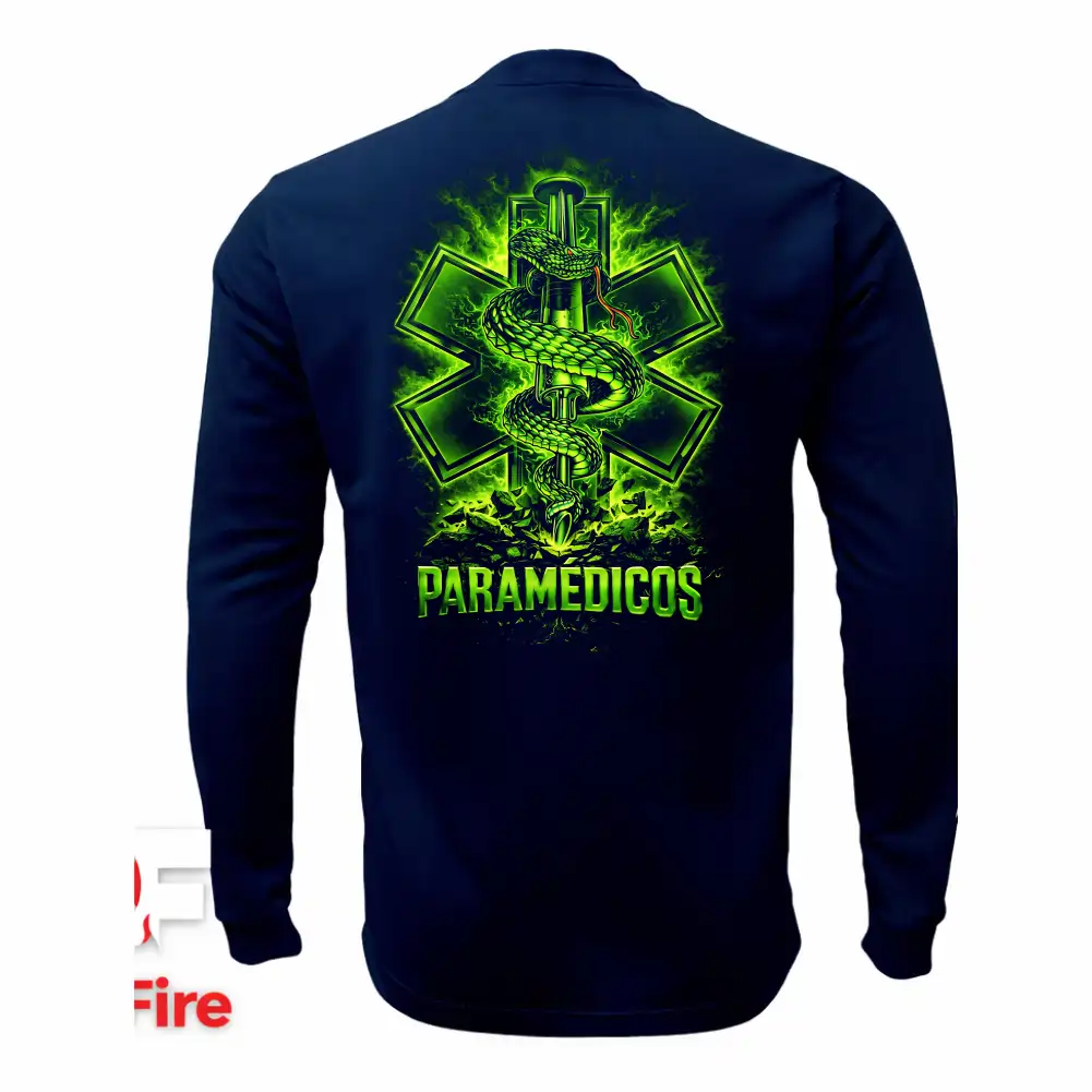 Sudadera tipo franela manga larga táctica para paramédicos VictFire en azul marino con detalles en verde neón, mostrando la Estrella de la Vida en el pecho y espalda, y rotulación en mangas.