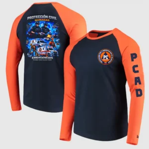 Sudadera tipo franela manga larga raglán de Protección Civil y PCAD VictFire en azul marino y naranja, mostrando el escudo en el pecho, letras PCAD en la manga e ilustración gráfica de emergencias en la espalda.