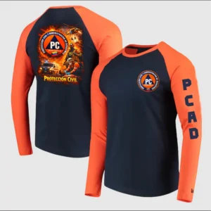 Sudadera tipo franela manga larga raglán de Protección Civil y PCAD VictFire en azul marino y naranja, mostrando el escudo institucional, letras PCAD en la manga y gráfico operativo de rescate en la espalda.