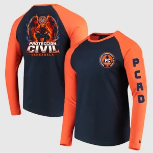 Sudadera tipo franela manga larga raglán de Protección Civil y PCAD VictFire con cuerpo azul marino y mangas naranjas, mostrando escudo institucional, rotulación PCAD en manga y gráfico de rescatista en la espalda.