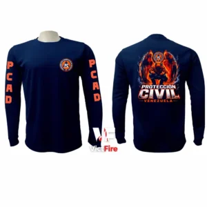 Sudadera tipo franela manga larga de Protección Civil y PCAD VictFire en azul marino, mostrando el escudo en el pecho, letras PCAD en las mangas y gráfico de rescatista con alas de fuego en la espalda.