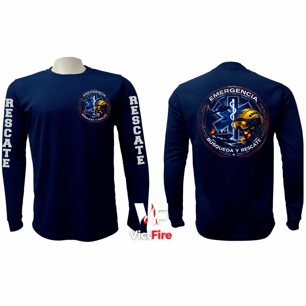 Sudadera tipo franela manga larga táctica de Búsqueda y Rescate VictFire en azul marino, mostrando emblema circular en el pecho, rotulación en mangas y gráfico SAR en la espalda.
