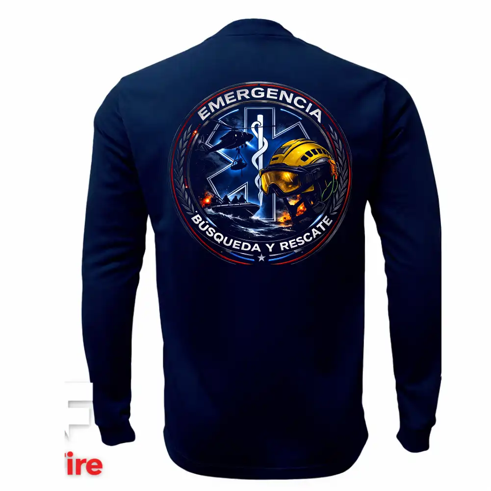 Espalda de franela manga larga de rescate VictFire con gran escudo circular que incluye la Estrella de la Vida, casco táctico amarillo, helicóptero y la leyenda Emergencia Búsqueda y Rescate.